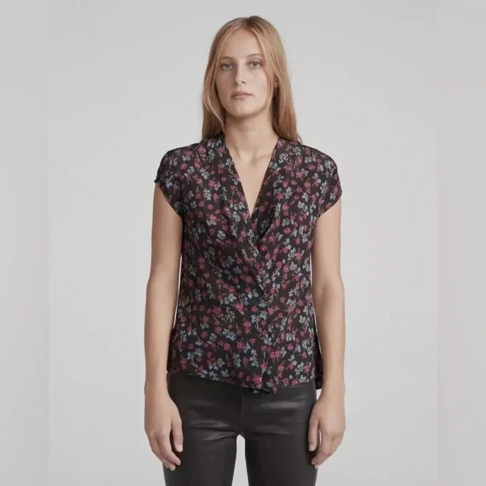 Rag &‎ Bone 100% Silk Shields Short Sleeve Top V-neck Floral Blouse sz XXS / TTP